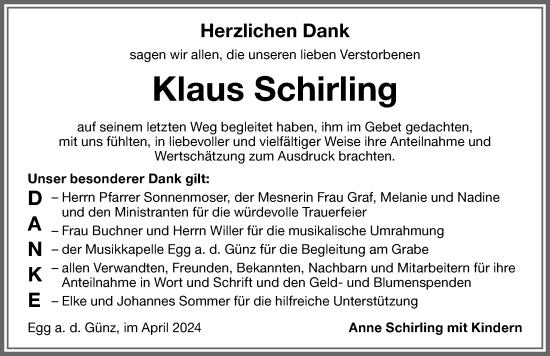 Traueranzeige von Klaus Schirling von Illertisser Zeitung, Augsburger Allgemeine
