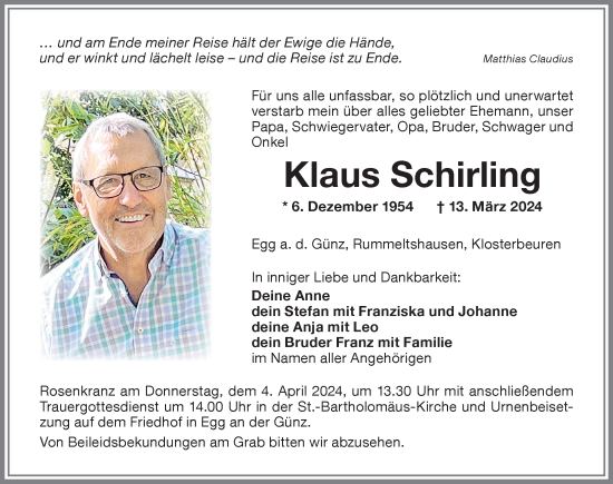 Traueranzeige von Klaus Schirling von Illertisser Zeitung, Augsburger Allgemeine