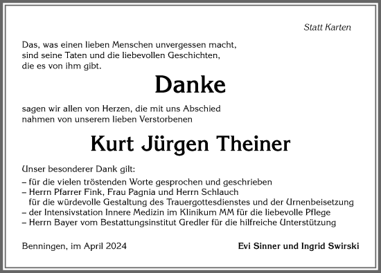 Traueranzeige von Kurt Jürgen Theiner von Memminger Zeitung