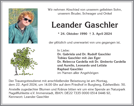 Traueranzeige von Leander Gaschler von Allgäuer Zeitung,Kempten