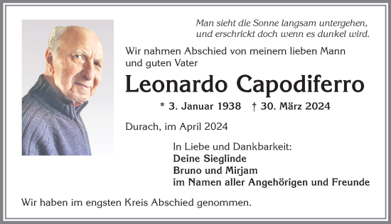 Traueranzeige von Leonardo Capodiferro von Allgäuer Zeitung,Kempten