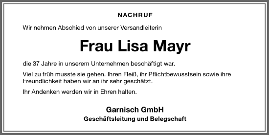 Traueranzeige von Lisa Mayr von Memminger Zeitung