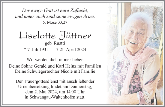 Traueranzeige von Liselotte Jüttner von Allgäuer Zeitung, Füssen