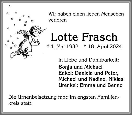 Traueranzeige von Lotte Frasch von Allgäuer Zeitung,Kempten