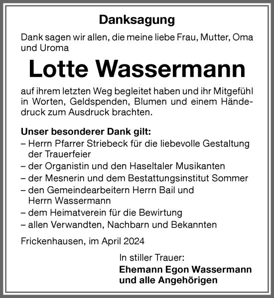 Traueranzeige von Lotte Wassermann von Memminger Zeitung