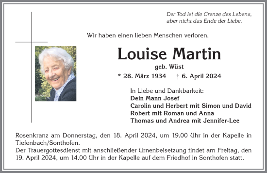 Traueranzeige von Louise Martin von Allgäuer Anzeigeblatt