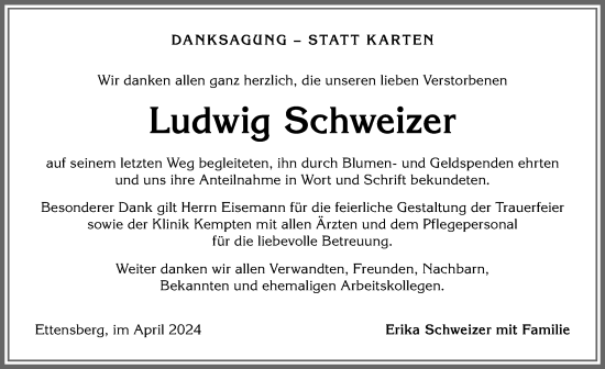 Traueranzeige von Ludwig Schweizer von Allgäuer Anzeigeblatt