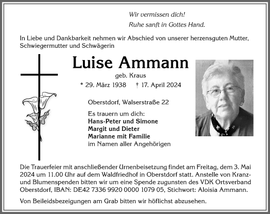 Traueranzeige von Luise Ammann von Allgäuer Anzeigeblatt