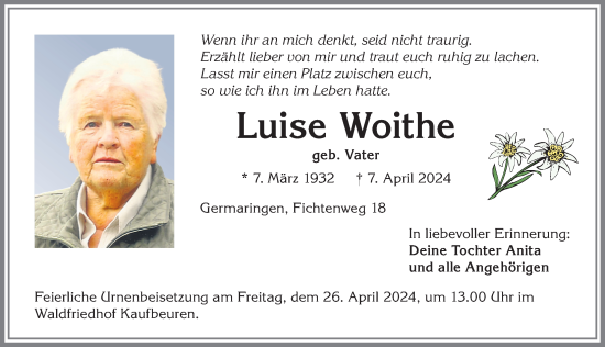 Traueranzeige von Luise Woithe von Allgäuer Zeitung, Kaufbeuren/Buchloe