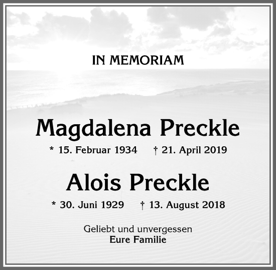 Traueranzeige von Magdalena Preckle von Allgäuer Zeitung, Marktoberdorf