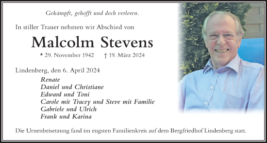 Traueranzeige von Malcolm Stevens von Der Westallgäuer