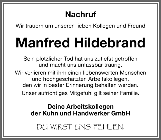 Traueranzeige von Manfred Hildebrand von Memminger Zeitung