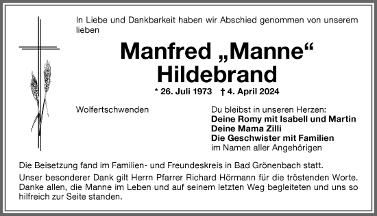 Traueranzeige von Manfred Hildebrand von Memminger Zeitung