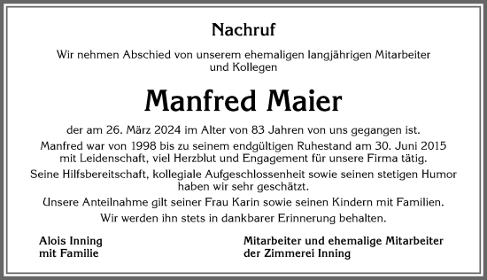 Traueranzeige von Manfred Maier von Allgäuer Zeitung, Kaufbeuren/Buchloe