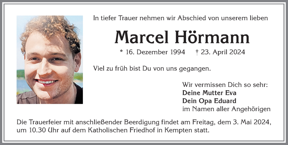  Traueranzeige für Marcel Hörmann vom 27.04.2024 aus Allgäuer Zeitung,Kempten