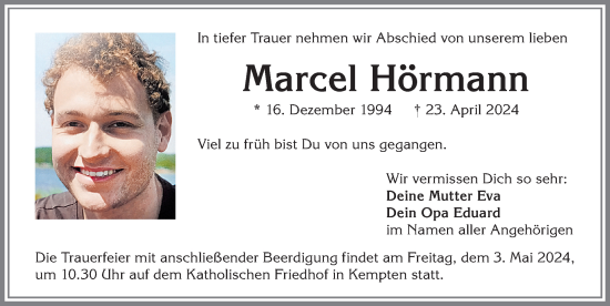 Traueranzeige von Marcel Hörmann von Allgäuer Zeitung,Kempten