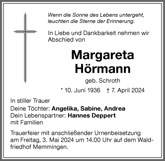 Traueranzeige von Margareta Hörmann von Memminger Zeitung