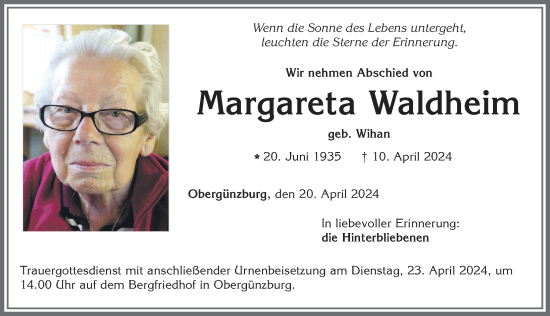 Traueranzeige von Margareta Waldheim von Allgäuer Zeitung, Marktoberdorf