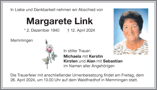 Traueranzeige von Margarete Link von Memminger Zeitung