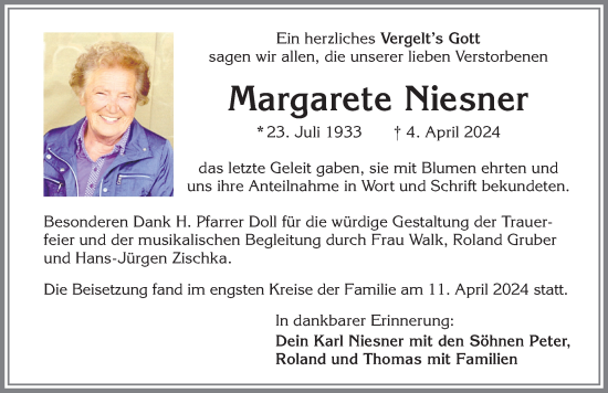 Traueranzeige von Margarete Niesner von Allgäuer Zeitung,Kempten