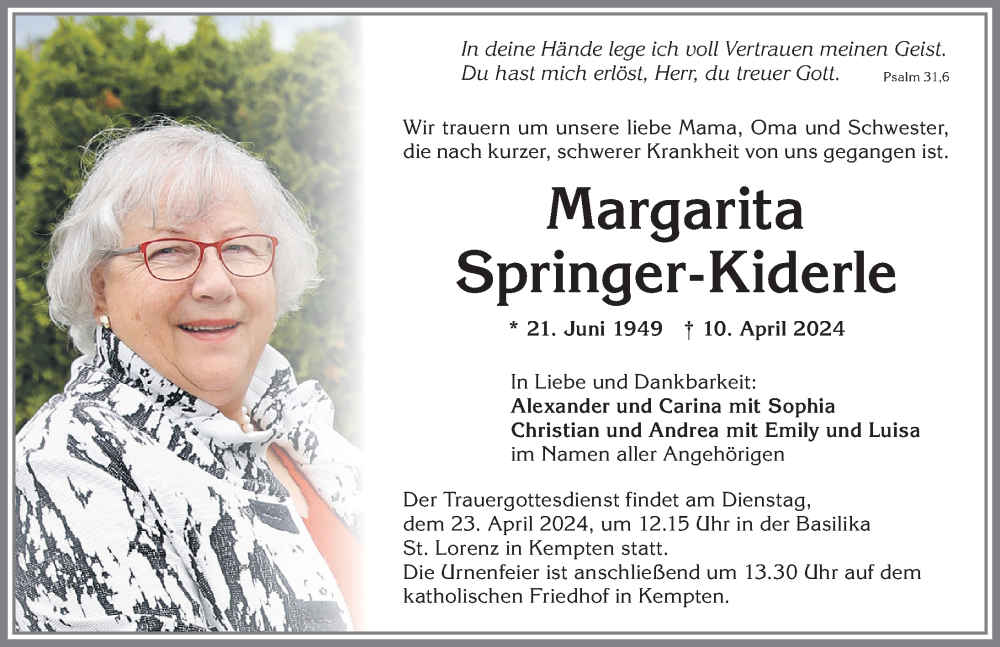  Traueranzeige für Margarita Springer-Kiderle vom 13.04.2024 aus Allgäuer Zeitung,Kempten