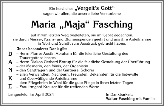 Traueranzeige von Maria Fasching von Allgäuer Zeitung, Kaufbeuren/Buchloe