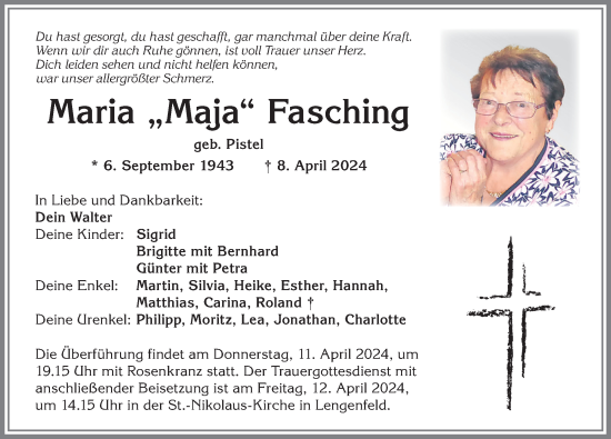 Traueranzeige von Maria Fasching von Landsberger Tagblatt, Augsburger Allgemeine