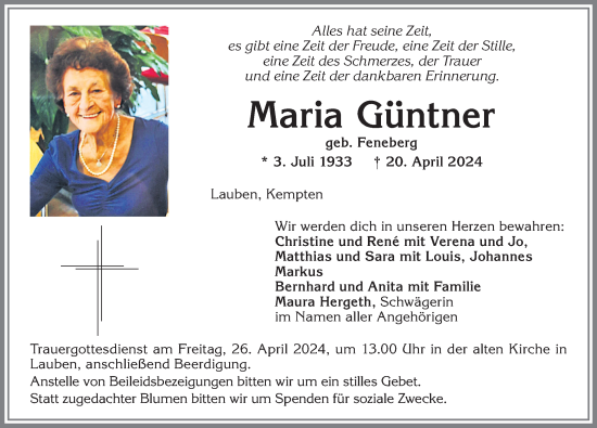 Traueranzeige von Maria Güntner von Allgäuer Zeitung,Kempten