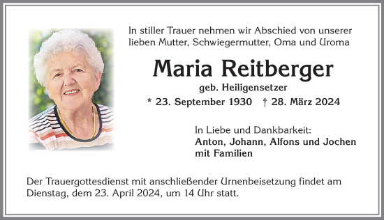 Traueranzeige von Maria Reitberger von Allgäuer Zeitung,Kempten