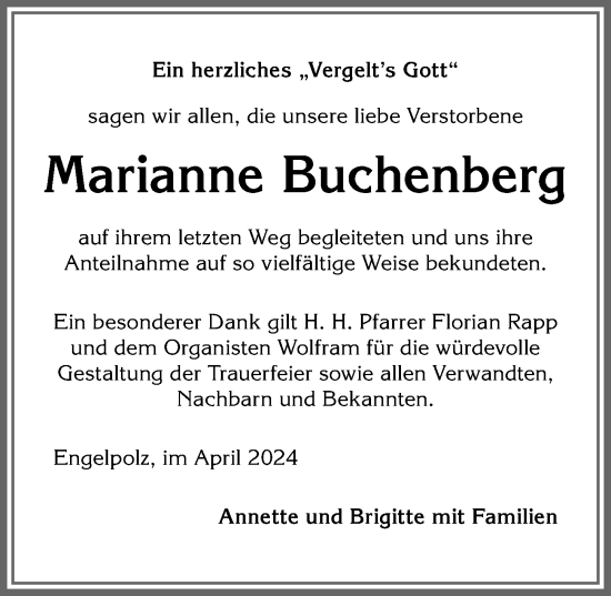 Traueranzeige von Marianne Buchenberg von Allgäuer Zeitung,Kempten