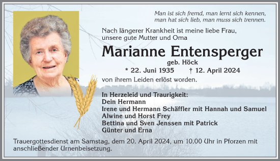 Traueranzeige von Marianne Entensperger von Allgäuer Zeitung, Kaufbeuren/Buchloe