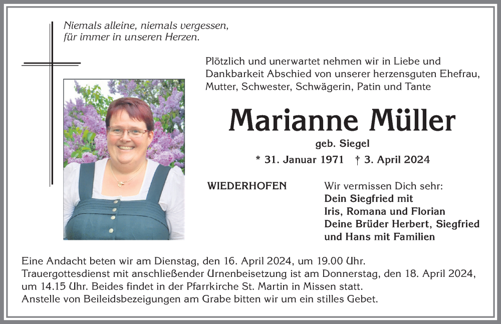  Traueranzeige für Marianne Müller vom 10.04.2024 aus Allgäuer Anzeigeblatt