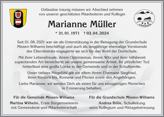 Traueranzeige von Marianne Müller von Allgäuer Anzeigeblatt