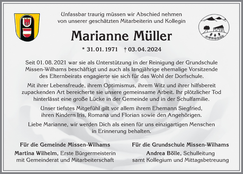  Traueranzeige für Marianne Müller vom 13.04.2024 aus Allgäuer Anzeigeblatt