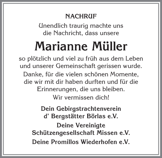 Traueranzeige von Marianne Müller von Allgäuer Anzeigeblatt