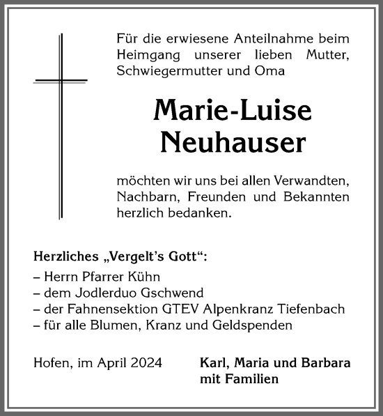 Traueranzeige von Marie-Luise Neuhauser von Allgäuer Anzeigeblatt