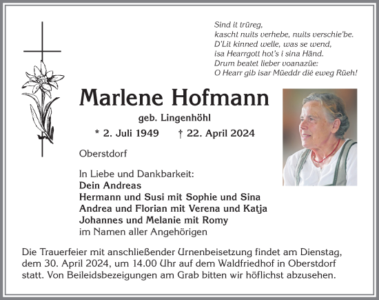 Traueranzeige von Marlene Hofmann von Allgäuer Anzeigeblatt