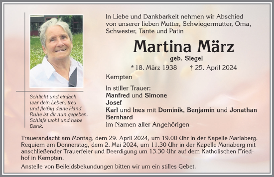 Traueranzeige von Martina März von Allgäuer Zeitung,Kempten