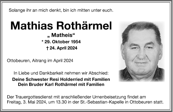 Traueranzeige von Mathias Rothärmel von Memminger Zeitung