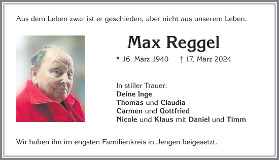 Traueranzeige von Max Reggel von Allgäuer Zeitung, Kaufbeuren/Buchloe