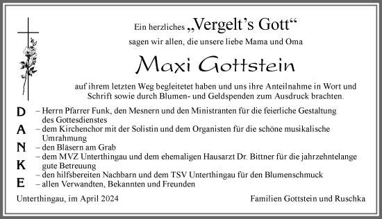 Traueranzeige von Maxi Gottstein von Allgäuer Zeitung, Marktoberdorf