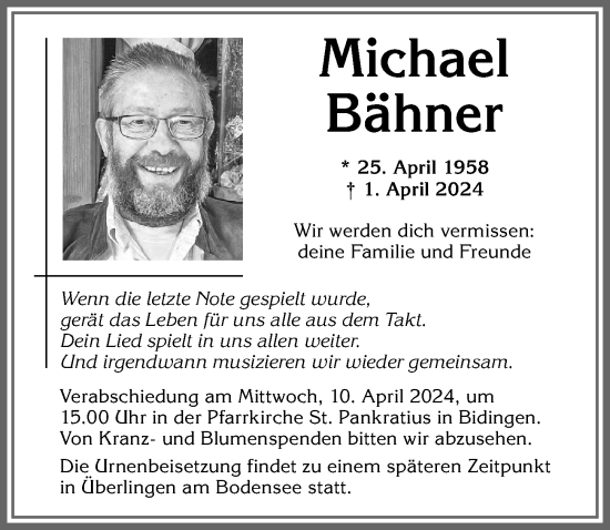 Traueranzeige von Michael Bähner von Allgäuer Zeitung, Marktoberdorf