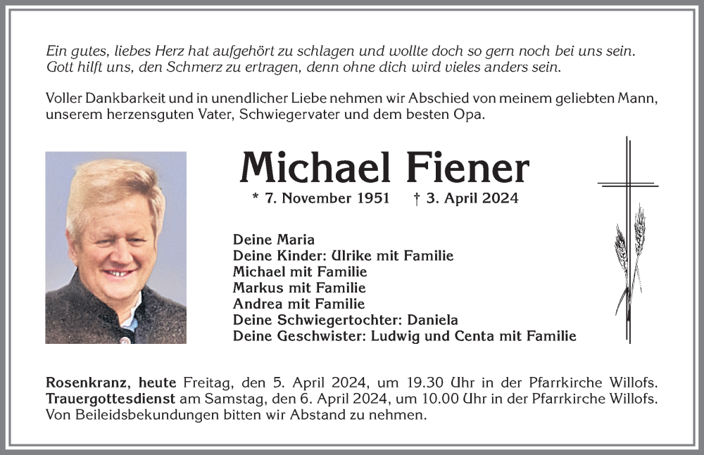  Traueranzeige für Michael Fiener vom 05.04.2024 aus Allgäuer Zeitung, Marktoberdorf