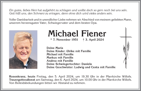 Traueranzeige von Michael Fiener von Allgäuer Zeitung, Marktoberdorf