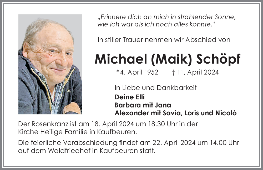  Traueranzeige für Michael Schöpf vom 17.04.2024 aus Allgäuer Zeitung, Kaufbeuren/Buchloe