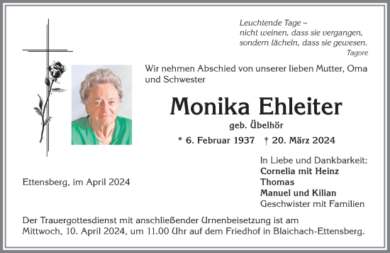 Traueranzeige von Monika Ehleiter von Allgäuer Anzeigeblatt