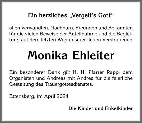 Traueranzeige von Monika Ehleiter von Allgäuer Anzeigeblatt