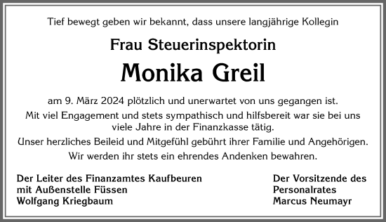 Traueranzeige von Monika Greil von Allgäuer Zeitung, Kaufbeuren/Buchloe