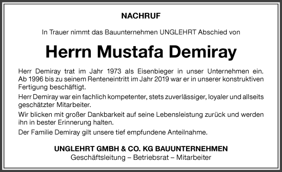 Traueranzeige von Mustafa Demiray von Memminger Zeitung