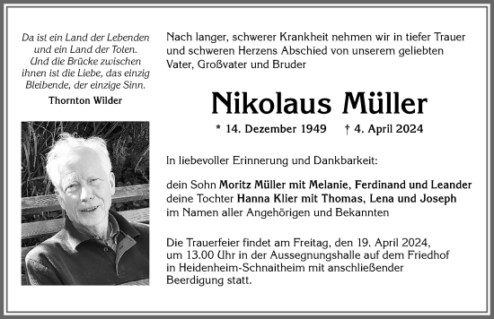 Traueranzeige von Nikolaus Müller von Allgäuer Zeitung,Kempten